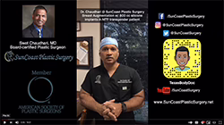 A plastic surgeon in scrubs speaks in an office. Dr. Chaudhari’s name and credentials appear on the left, while his Houston practice’s logo, social media handles, and a QR code are displayed on the right.