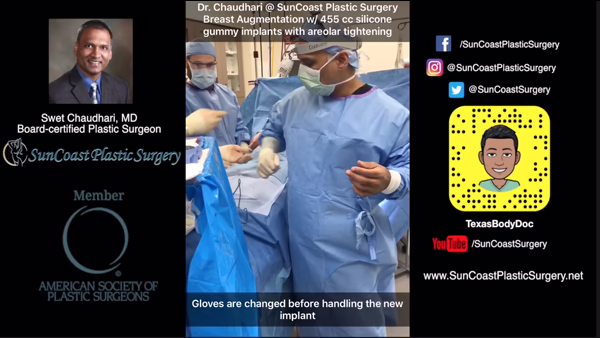 Two surgeons in blue scrubs and masks at Houston’s SunCoast prepare for breast augmentation. Dr. Chaudhari changes gloves before handling a new implant. Text and social media handles for SunCoast Plastic Surgery appear on the image.