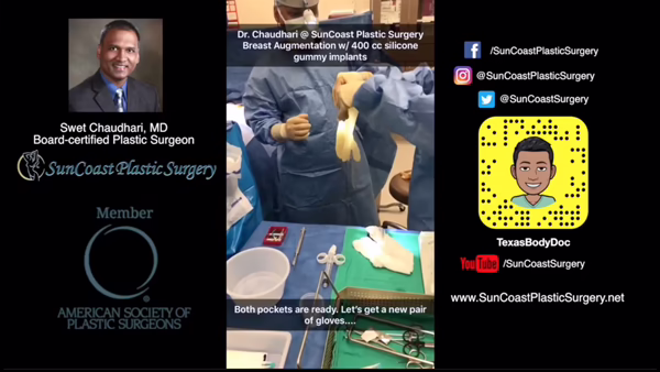 A collage featuring Dr. Chaudhari of SunCoast Plastic Surgery in Houston, social media handles, plastic surgery tools, and a gloved surgeon preparing for breast augmentation with silicone implants. Text and logos are also visible.