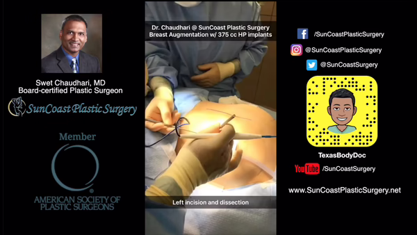 A surgeon performs a breast augmentation under bright lights. Graphics highlight Dr. Chaudhari’s credentials, social media, and logos for SunCoast Plastic Surgery and the American Society of Plastic Surgeons, showcasing excellence in plastic surgery.