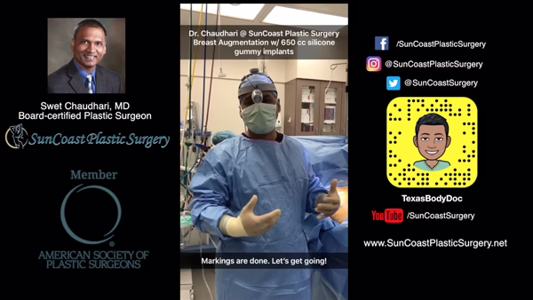 A Houston plastic surgeon in scrubs stands in an operating room. Text highlights Dr. Chaudhari performing breast augmentation with 650 cc silicone implants. Info for SunCoast Plastic Surgery and social media handles appear around the image.