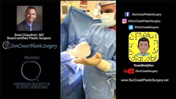 Image split in three: left panel shows Houston plastic surgeon Dr. Swet Chaudhari’s photo and credentials; center shows a surgeon in scrubs holding a breast implant; right panel features social media info for SunCoast Plastic Surgery.