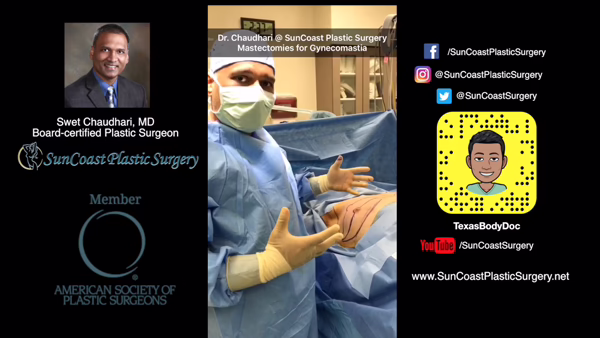 Dr. Swet Chaudhari, expert plastic surgeon, prepares for gynecomastia surgery at SunCoast Plastic Surgery. Clinic info, social media, and the American Society of Plastic Surgeons logo are displayed around the image.