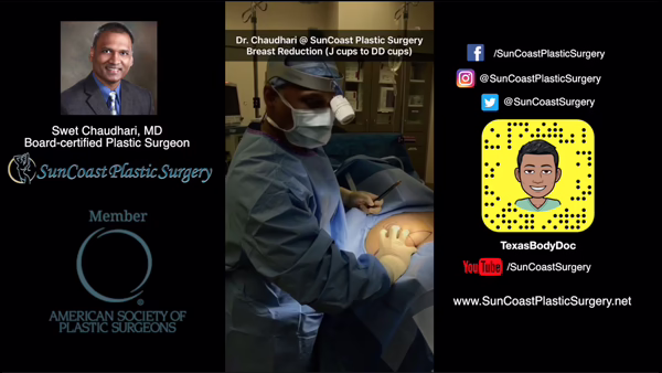 A plastic surgeon in scrubs performs breast reduction surgery in an operating room. The left side features Dr. Swet Chaudhari, his credentials, and logos, while the right displays SunCoast Plastic Surgery’s social media and website info.