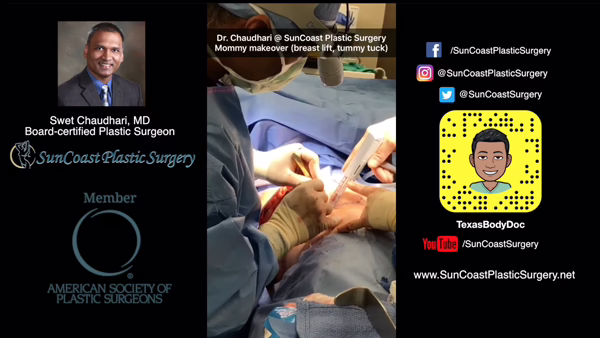 A promotional graphic for SunCoast features plastic surgeon Dr. Chaudhari in surgery. Panels highlight his photo, credentials, social media handles, Snapchat code, and the American Society of Plastic Surgeons logo.