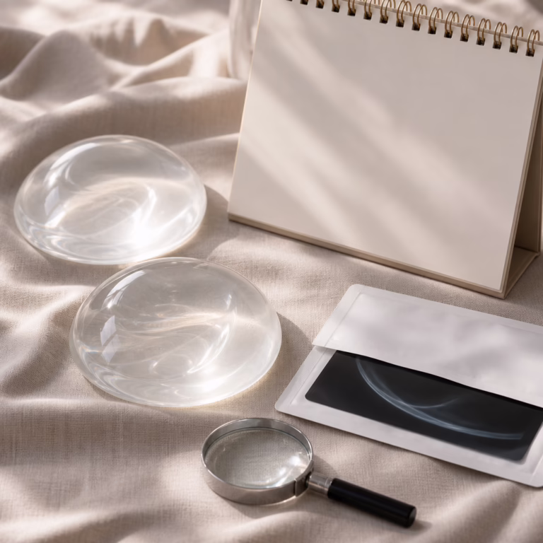 Silicone breast implant samples arranged with a calendar and medical imaging envelope
