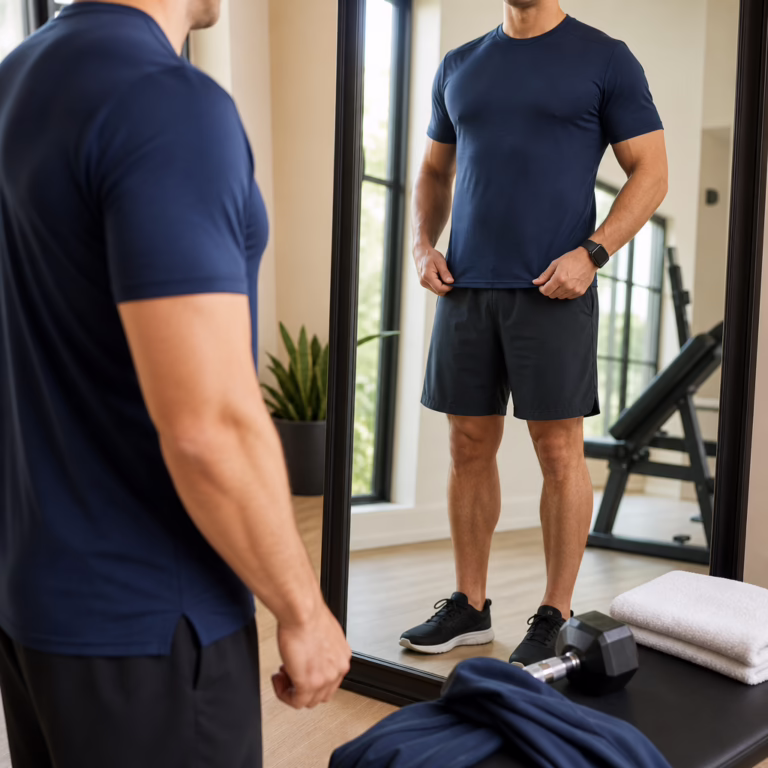 Fully clothed man checking the fit of an athletic shirt beside workout equipment
