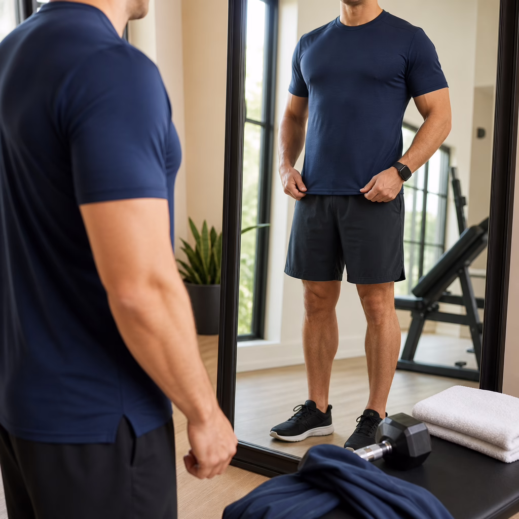 Fully clothed man checking the fit of an athletic shirt beside workout equipment